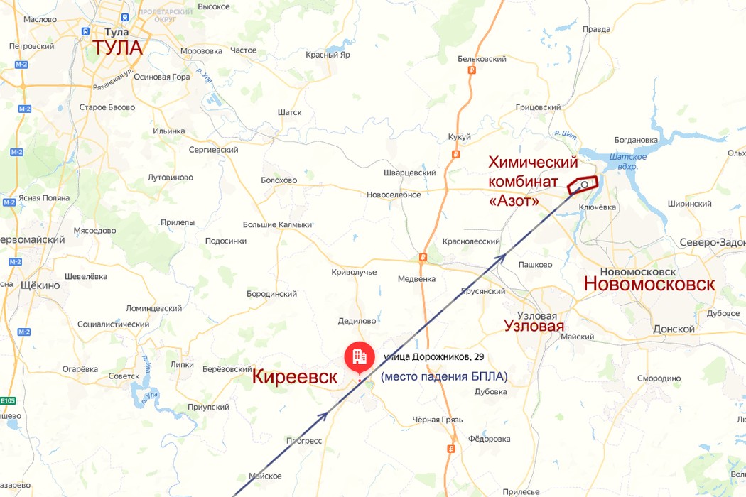 Схема падения украинского беспилотника в Киреевске Тульской области
