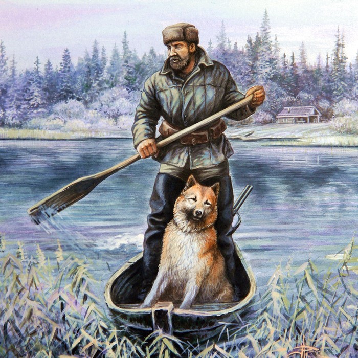 Охотник с собакой на лодке